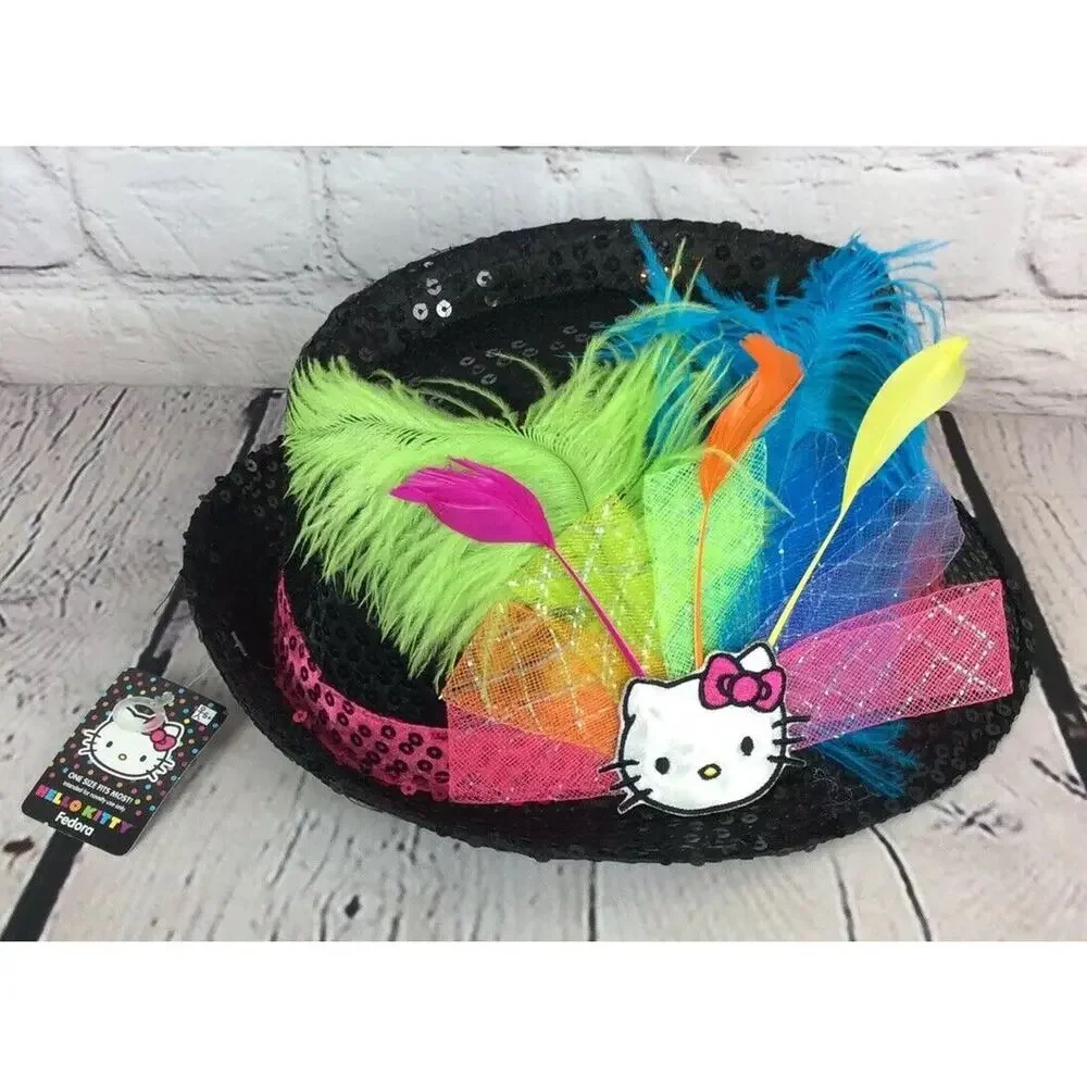 Hello Kitty Childs Black Sequined Fedora & Rainbow Sparkle Wings Cosplay Costume